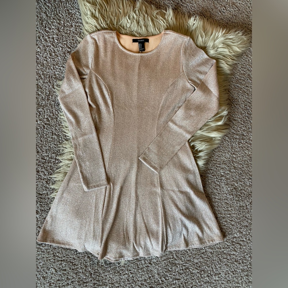 Fit and Flare Long Sleeve Gold Glitter Dress | Forever21 | Size Small
